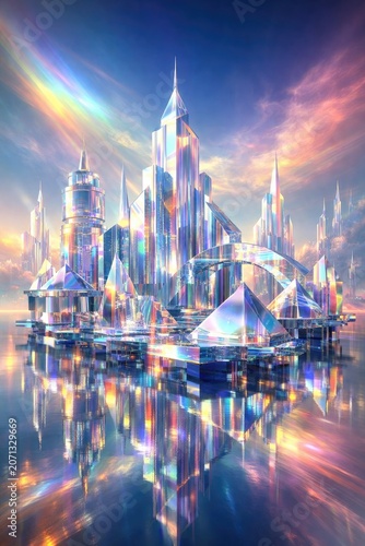 Fantasy crystal city skyline with rainbow and reflections futuristic architecture concept for digital art and game design vibrant ethereal landscape