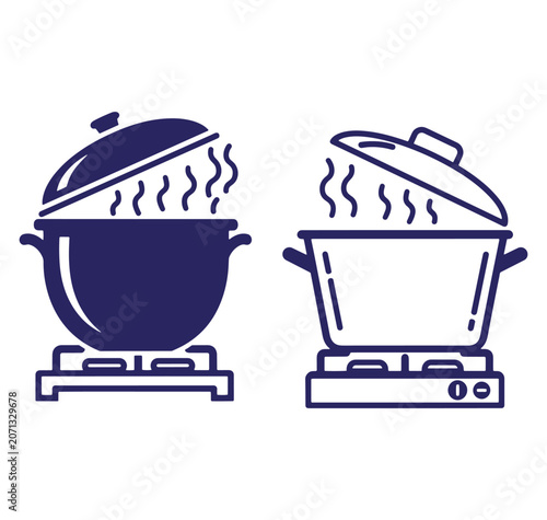 Vector illustration of two cooking pots with steam over white background ready for use
