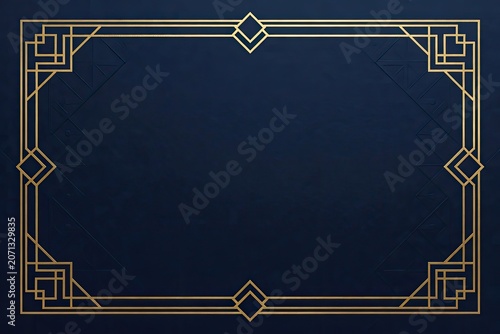 Elegant art deco frame with geometric gold border on dark blue background vintage design element for invitations and luxury branding