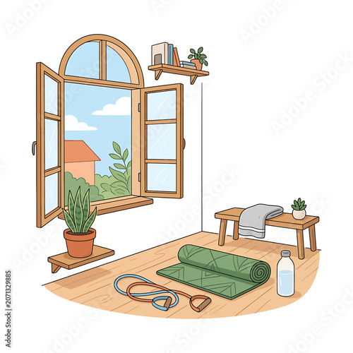 Yoga room with green mat and window.