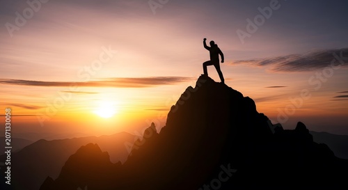 Courageous explorer climbing to mountain peak cliff edge during majestic sunrise victory concept