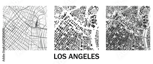 Bild auf Leinwand Los Angeles City Map Set, Black and White Urban Street Grid Collection, Downtown