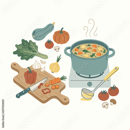 Photography Hearty Vegetable Soup Ingredients Displayed.