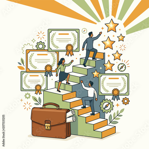 Business people climbing success ladder high.