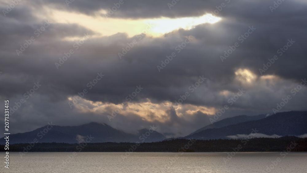 Fototapeta premium Breathtaking and impressive panoramic scenic view of Glacier Bay Fjord coast with lush mountain vegetation and trees during summer Last Frontier cruise with ice floating on water