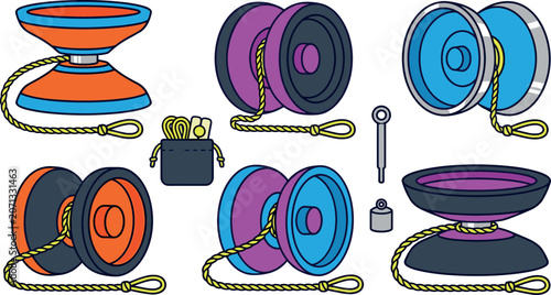 Obraz na płótnie Colorful Yo-Yo and Diabolo Toy Icon Set with Counterweight String Pouch and Axle