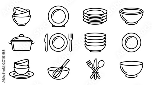 Bild auf Leinwand Kitchen dinnerware and tableware linear icon set featuring stacked plates cerami