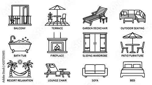 Schilderij op canvas Outdoor patio furniture and cozy home interior linear icon set featuring terrace