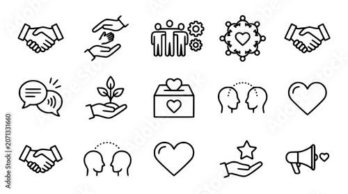Foto Charity and donation linear vector icon set featuring volunteer support nonprofi