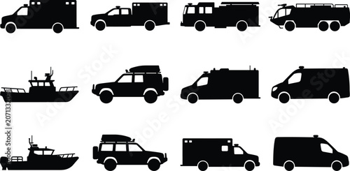 Fotografía Emergency Response Vehicles Silhouette Set with Ambulance Rescue and Service Tra