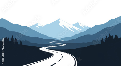 Minimalist vector illustration of a winding mountain road leading toward snow-capped peaks. Flat design landscape with layered blue mountains, pine tree silhouettes, and a white sky.