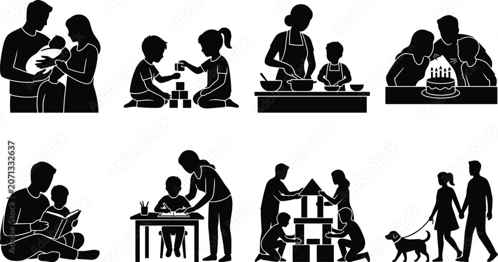 Obraz premium Family Life Silhouette Collection Featuring Parenting Education and Everyday Activities
