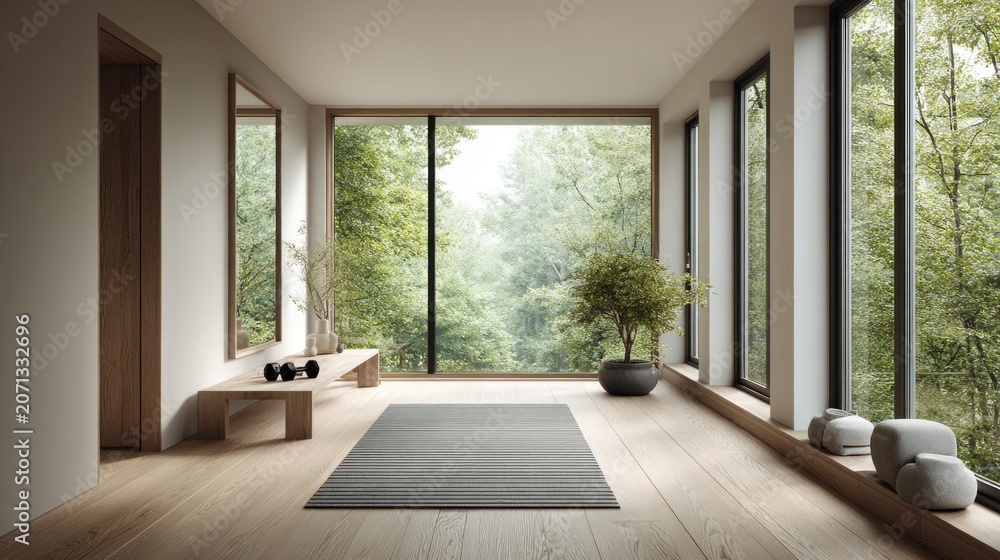 Fototapeta premium Modern wellness room with nature views and minimalist design