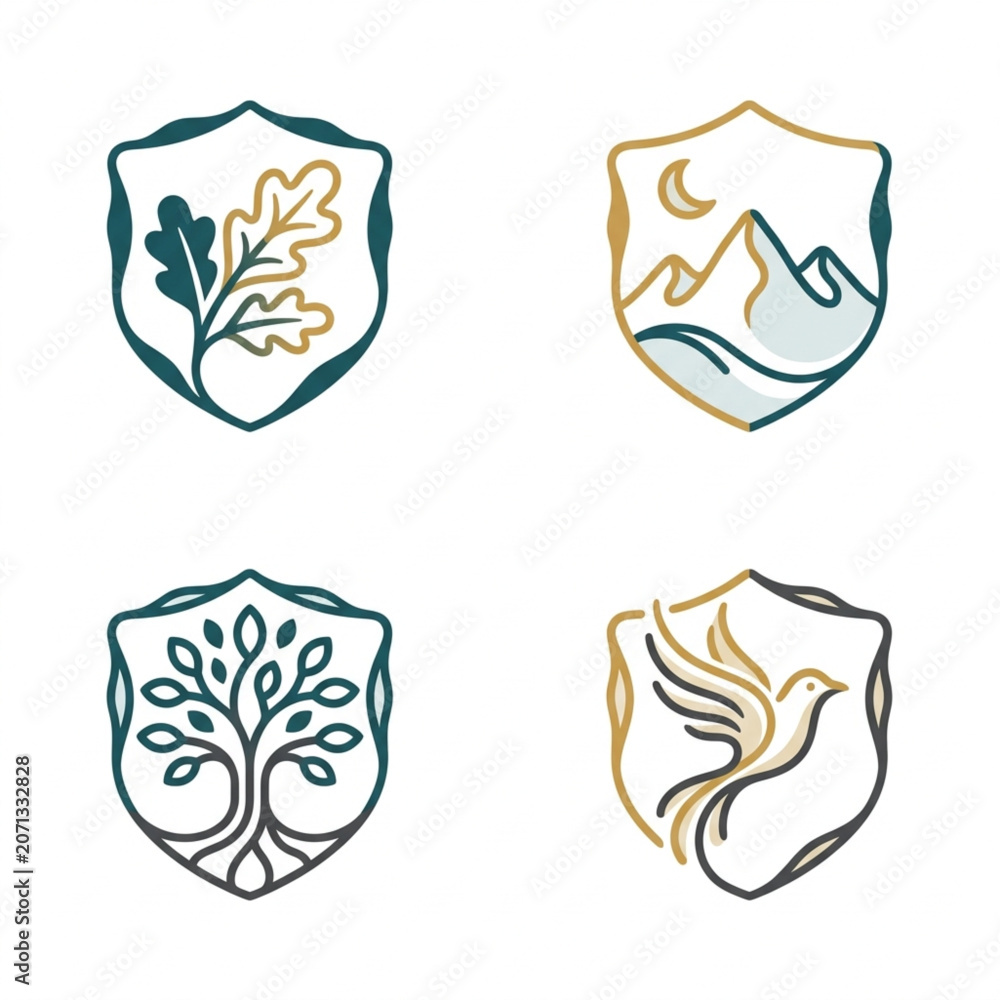 Fototapeta premium Minimalist Shield Emblem Nature Logo Set Heraldic Oak Leaf Tree Bird Crest Brand Vector Illustration