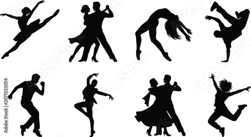 Photography Dynamic dance silhouettes featuring ballet, ballroom, jazz, breakdance, and cont