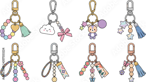 Foto Cute kawaii keychain charms with pastel beads, ribbons, tassels and cartoon char