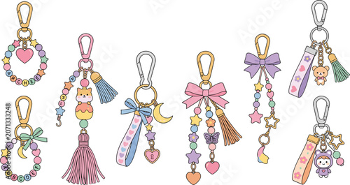 Quadro su tela Cute kawaii pastel beaded keychain charms with ribbons, tassels and cartoon char