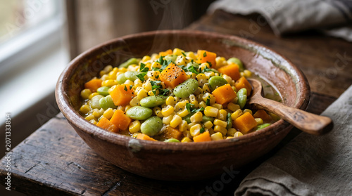 Macro Portrait of Authentic Cherokee Succotash with Yellow Corn Kernels, Green Lima Beans, and Orange Squash in Rustic Clay Bowl Under Soft Studio Lighting