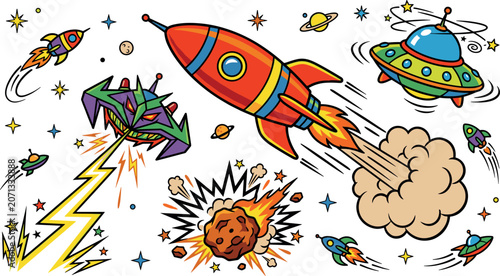 Εκτύπωση καμβά Retro Cartoon Rocket and Spaceship Comic Element Set with UFO Alien Starfighter