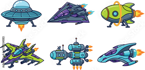 Schilderij op canvas Cartoon Sci-Fi Spaceship and UFO Rocket Vector Icon Set with Futuristic Starfigh