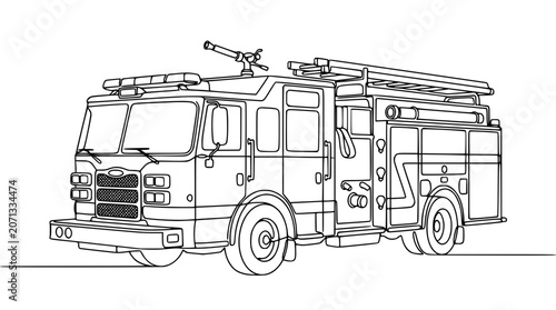 Cuadro en lienzo Fire engine emergency rescue vehicle with water cannon line art vector illustrat