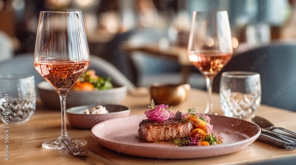 Naklejka premium Gourmet meal presentation in an upscale restaurant setting