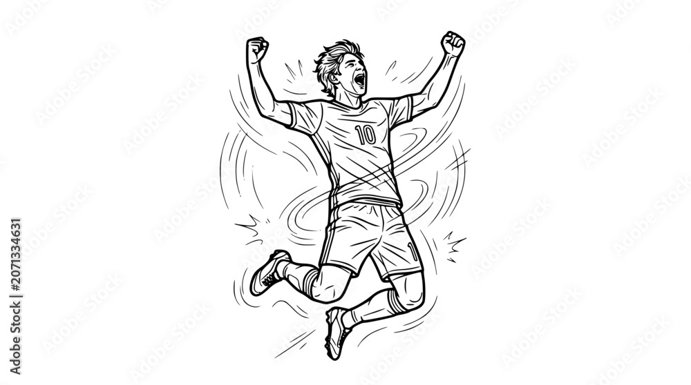 Fototapeta premium Soccer player celebrating goal jumping in air line art vector illustration for sports coloring book page design