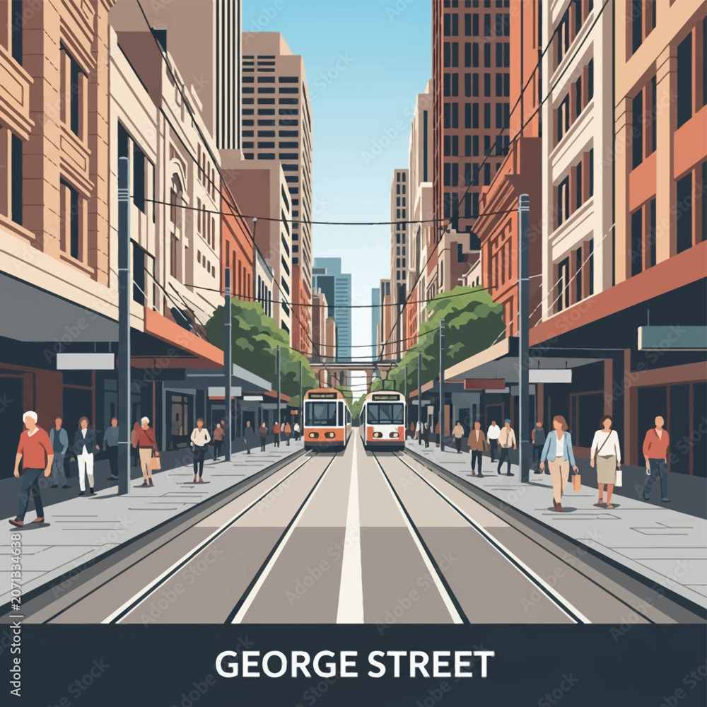 Fototapeta premium Vector illustration of George Street in Sydney CBD, Australia, featuring light rail trams on tracks, pedestrians on sidewalks, urban buildings, and a clear blue sky background.