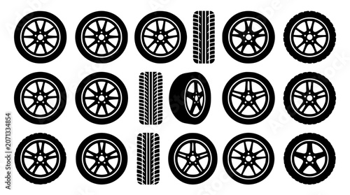 Tableau sur toile Car tire and alloy wheel rim black silhouette icon set isolated on white backgro