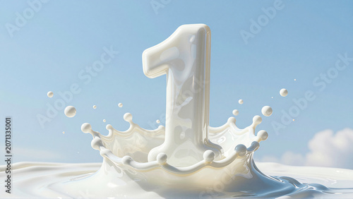 3D milk splash forming the number one against a blue sky background