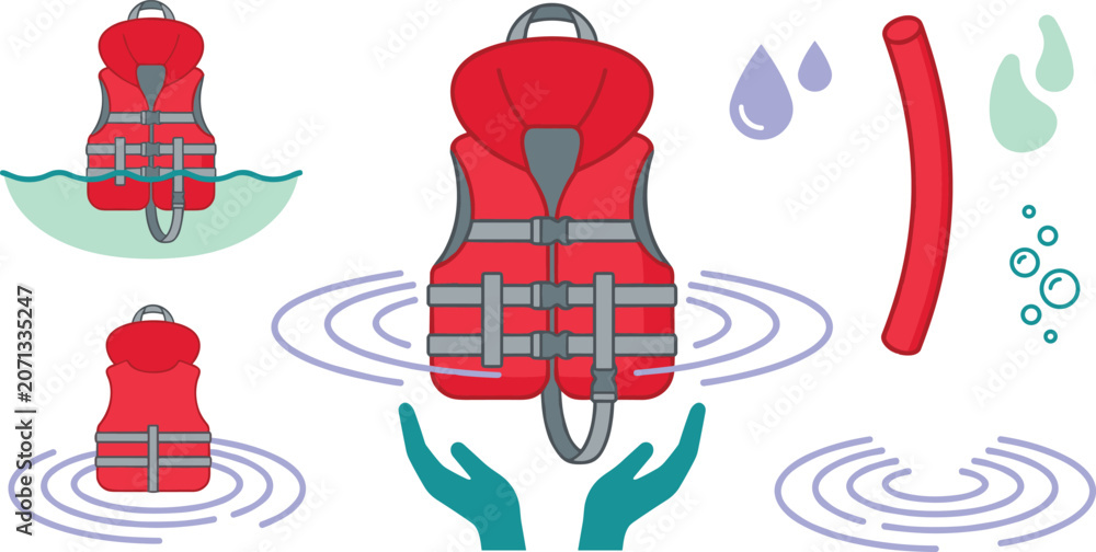 Naklejka premium Water Safety and Drowning Prevention Vector Set with Red Life Jacket, Flotation Vest, Water Ripples, Pool Noodle, and Supporting Hands