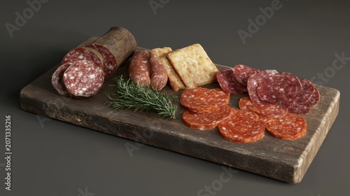 Assortment of Sliced Meats, Crackers, and Rosemary on Rustic Wooden Board