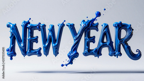 Glossy Blue Liquid New Year Typography Design With Ultra Detailed Water Splashes