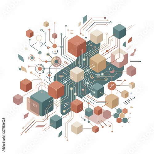 Colorful circuit board with cubes and wires.