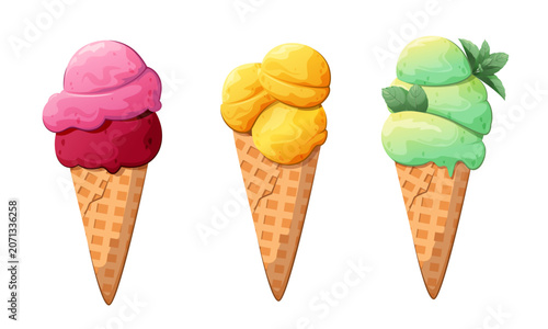 A set of brightly colored ice cream cones on a white background. Summer dessert. Vector illustration.