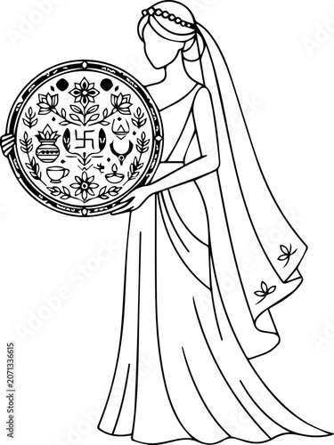 Cute Bride  Holding Wedding Flower Tray, Elegant Bridal Character Illustration for Wedding Celebration