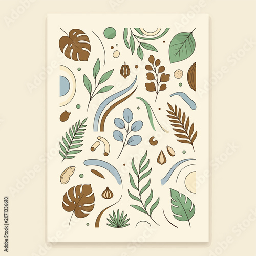 Colorful illustration of various leaves and plants.