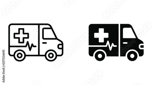Emergency ambulance vehicle icon set featuring medical cross and heartbeat pulse line art or silhouette design for hospital transportation services and critical care logistics isolated on white