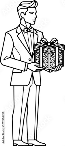 Groom holding traditional wedding gift box icon