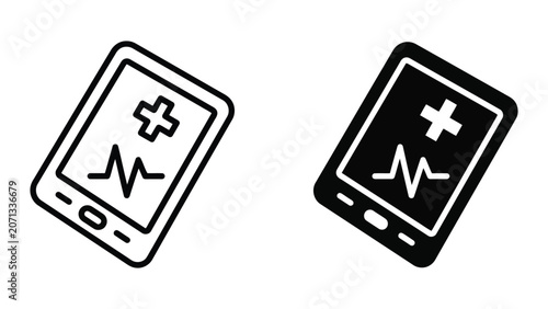 Medical digital tablet icon set featuring healthcare cross and heart rate monitor pulse in outline and solid black styles for clinical diagnostic software and hospital interface design