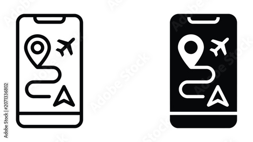 Smartphone navigation app with airplane flight route and destination pin icons in solid and line style for travel logistics and airport tracking mobile interface design elements isolated