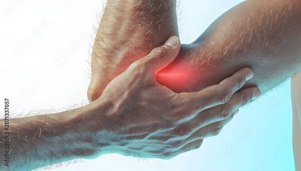Fototapeta premium Tennis elbow joint pain and forearm injury. Orthopedic medical checkup physical therapy concept. Man holding his painful arm elbow with red highlighted inflammation