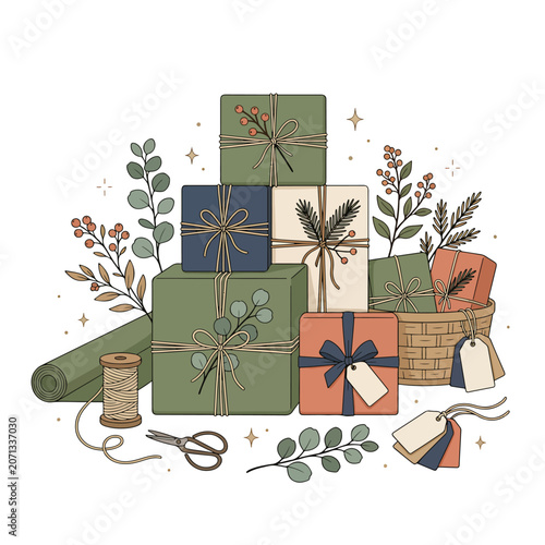 Colorful wrapped gifts and craft tools.