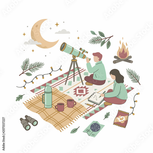 Couple Stargazing on Picnic Blanket.