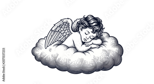 Photos Little baby angel sleeping peacefully on a fluffy cloud