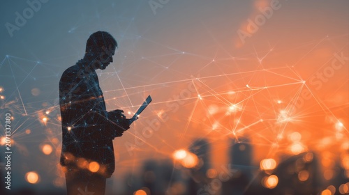 Big data, digital technology, internet network connection, futristic technology background. Man using mibile phobe and laptop and smart city