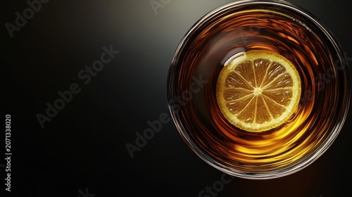 Whiskey Sour: A Lemon Slice Swirls in a Glass of Amber Liquid on Black