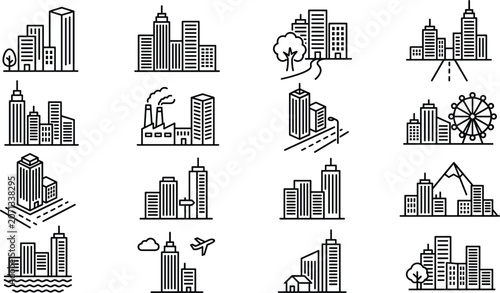 Obraz na plátně Urban cityscape and skyline line icons set featuring skyscrapers industrial fact