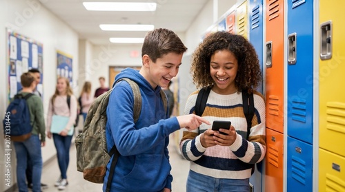 Two happy teenagers using a mobile phone while standing in a colorful high school hallway with lockers and fellow students in the blurred background area