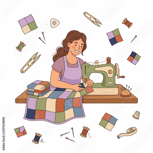 Woman sewing colorful patchwork on machine.